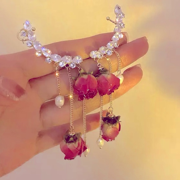 🌹🌹🌹Rose Ear Climber Set / Bohemian Pearl & Rose Earring🌹🌹🌹 - Picture 6 of 6